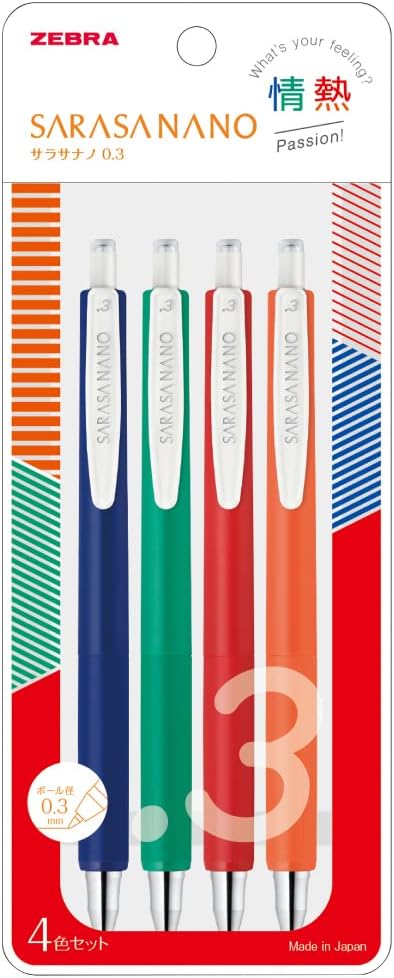 ZEBRA JJH72-4C-JY Sarasa Nano Gel Ballpoint Pen, 0.3mm, Set of 4 Colors, Passion