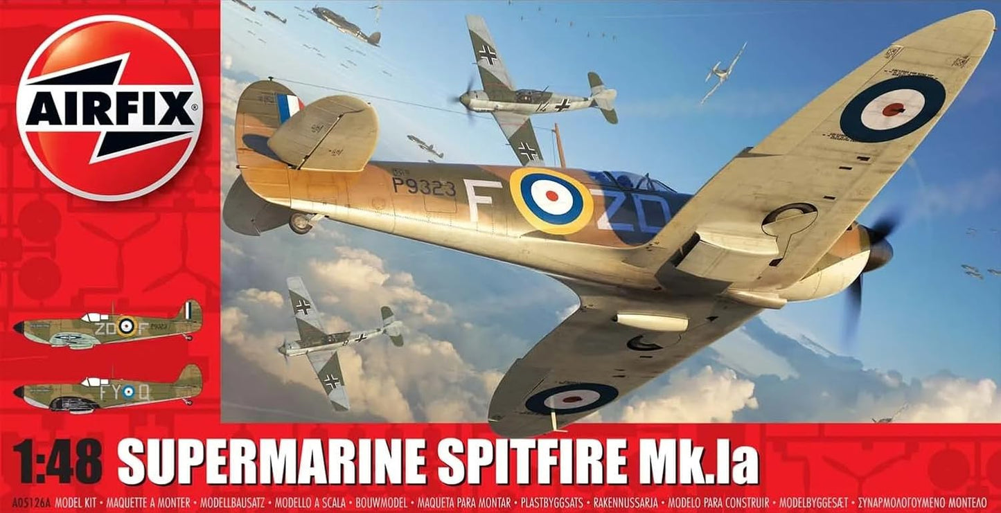 Airfix Model Airplane Kit Gift Set - A05126A Supermarine Spitfire Mk.Ia, Plastic Plane Model Kits for Adults & Kids 8+, Skill Level 3, 1:48 Scale WW2 Military Aircraft Models Gifts