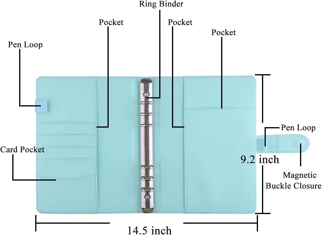 Antner A5 Notebook Binder 6 Ring Refillable Budget Planner Cover for Cash Organizer, PU Leather Loose Leaf Photocard Holder Aesthetic Binder with Magnetic Buckle for A5 Planner Inserts, Mint Blue