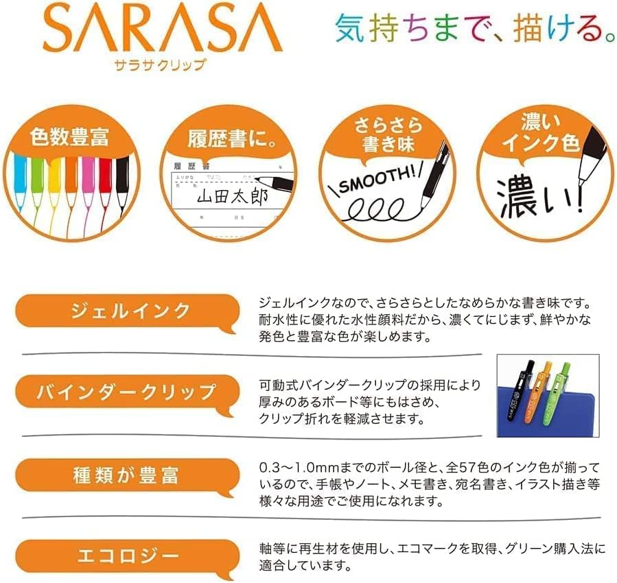 ZEBRA JJ15-5C-5A Sarasa Clip Gel Ballpoint Pen, 0.02 inches (0.5 mm), Brim Pattern, Includes Zipper Case, Set of 5 Colors