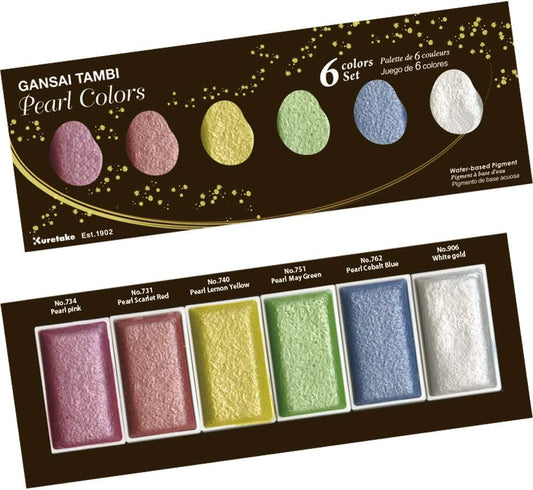 Kuretake GANSAI TAMBI PEARL COLORS, 6 colors set, Watercolor paint for Professional, for artists and crafters,Illustrations, Drawing, Lettering, Made in Japan