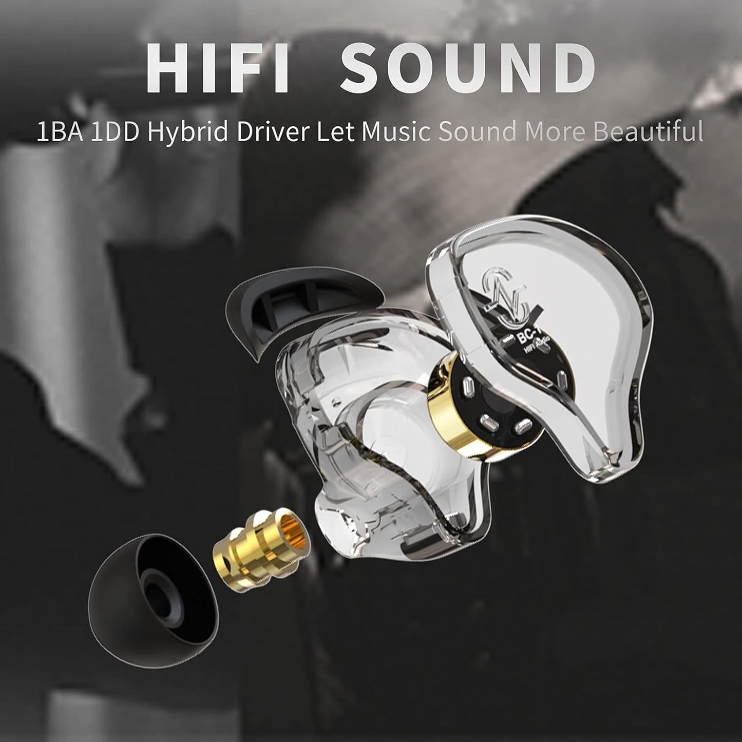 CCZ Yinyoo Melody in Ear Monitors Earphones Headphones Wired Earbuds without Microphone IEM HIFI Bass with 1DD 1BA, Ear fins, 4N OFC Cable for Musicians, Singer, on Stage, Studio (no mic, clear black)