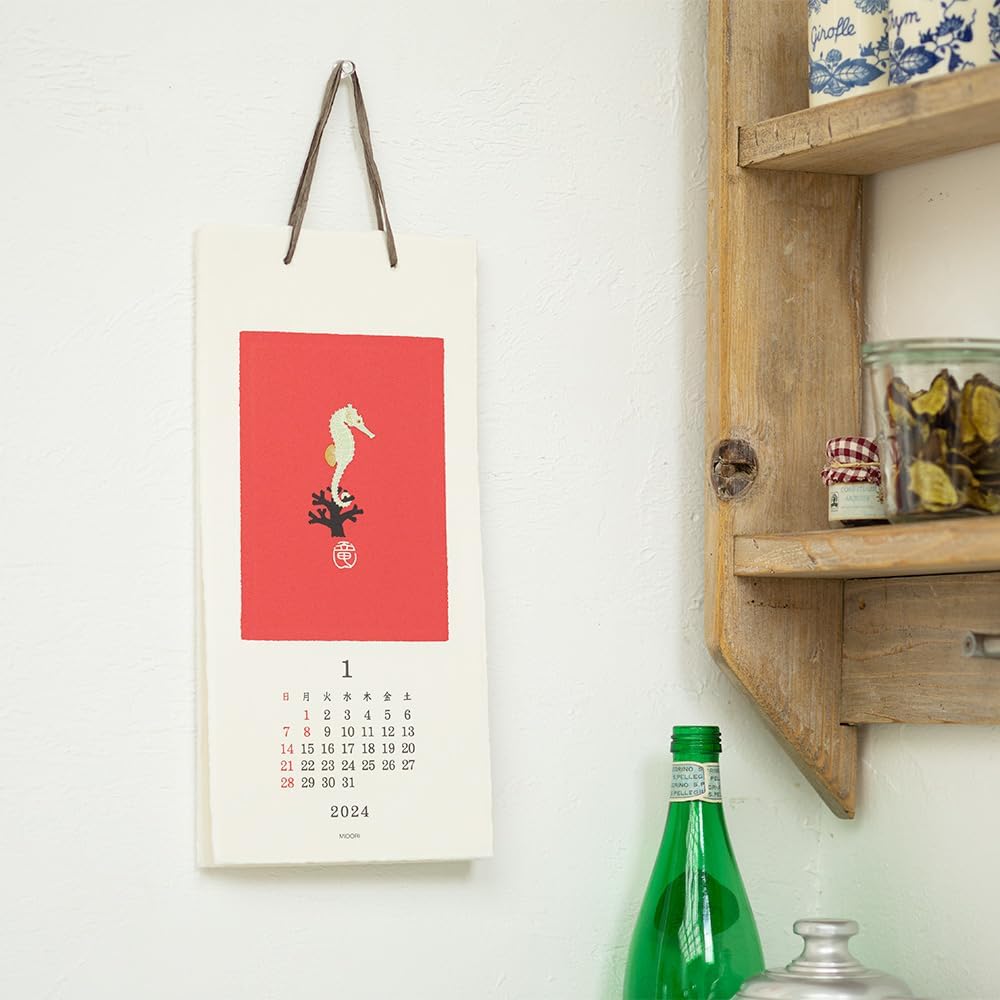 Midori 3130006 2024 Calendar, Wall Hanging, L, Echizen Washi Paper, Traditional Pattern (S (animal handle))