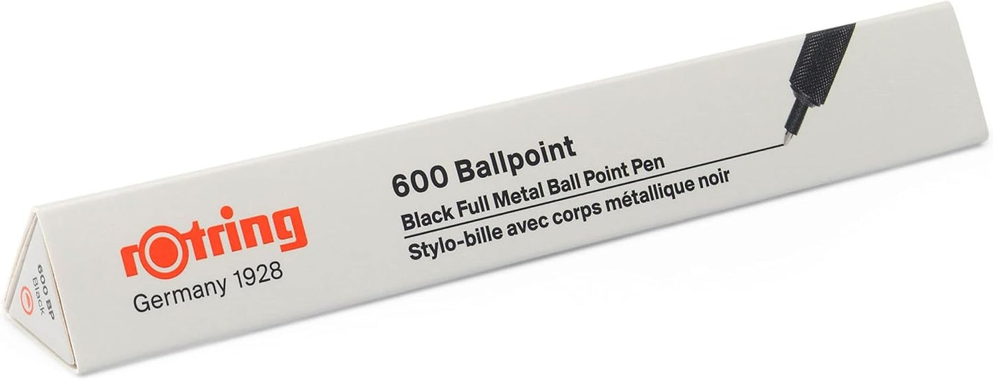 rOtring 600 Retractable Metal Ballpoint Pen, Medium Point, Black Ink, Black Barrel, Great Gift for Coworker