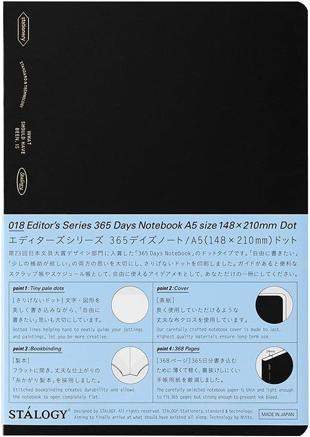 Nitoms S4147 STALOGY Notebook, 365 Days Notebook, A5, Dot Square, Black