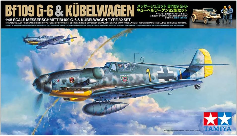 Tamiya 25204 1:48 German BF109 G-6 & Bucket Trolley 82-Model, Plastic Kit for Assembly, Detailed Replica