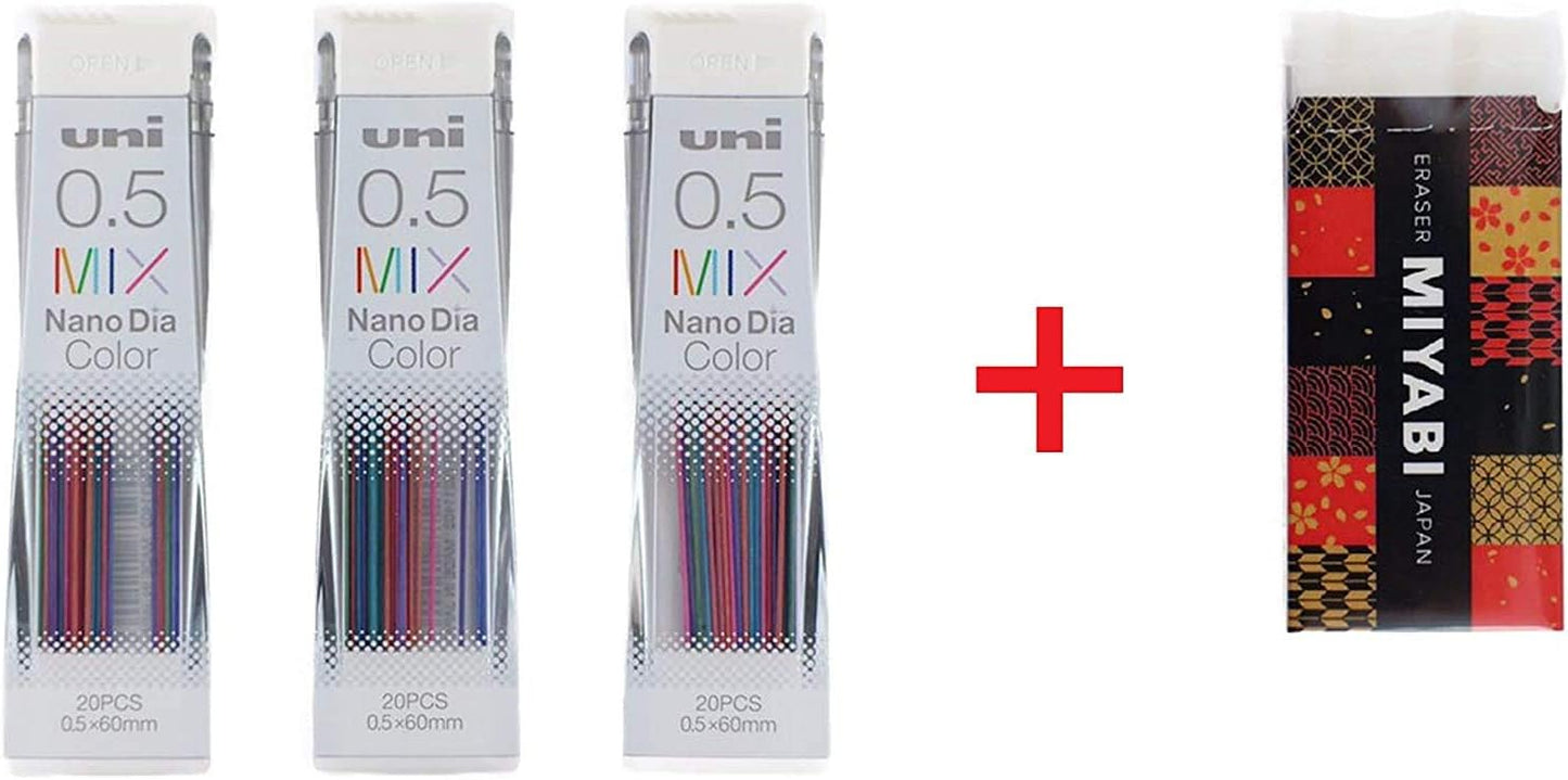 Uni Mechanical Pencil Lead Nano Dia 0.5mm, Color Mix, 20 leads x 3 Packs (Total 60 leads),MIYABI eraser set(05-202NDC-MIXx3/MIYABI Black)