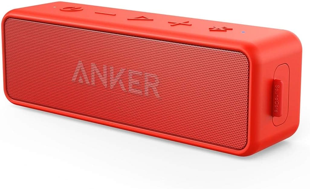 Anker SoundCore 2 Portable Bluetooth Speaker, Wireless, Enhanced Bass, 24-Hour Playtime, 66ft Range, IPX7 Water Resistant, Built-in Mic, Ideal for Travel , Compact and Easy to Use - Red