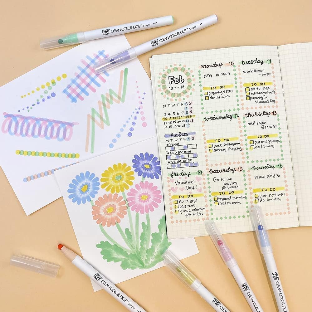 Kuretake Zig Clean Color Dot Pens Water Based Marker Single, 6 Mild Colors Set (TCSD-6100/6V)