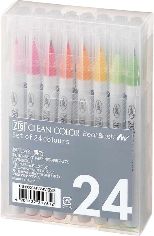Kuretake Zig Clean Color Real Brush 24 colors set, Brush tip marker pens, for Professional and Artist, coloring, drawing, calligraphy, lettering, Made in Japan