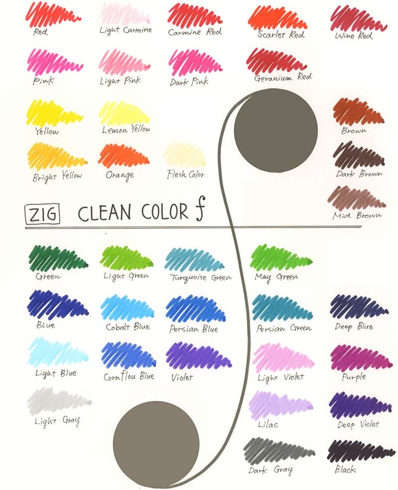 Kuretake ZIG CLEAN COLOR f 36 colors set, 0.5 mm & 1.2 mm, AP-Certified, Odourless, Xylene Free, Suitable for dark paper, Perfect for illustrating, sketching, designing and cartooning. Made in Japan