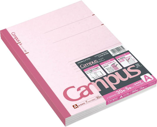 KOKUYO Campus Notebook, A 7mm Ruled, Semi-B5, 30 Sheets, 30 Lines, Pink, Pack of 5, Japan Import (NO-3ANX5)
