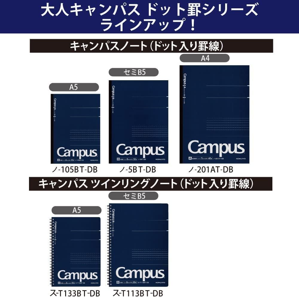 KOKUYO Campus Twin Ring Notebook, Business Type, Dot B 6mm Ruled, Semi-B5, 50 Sheets, 37 Lines, Navy Cover, Japan Import (SU-T113BT-DB)