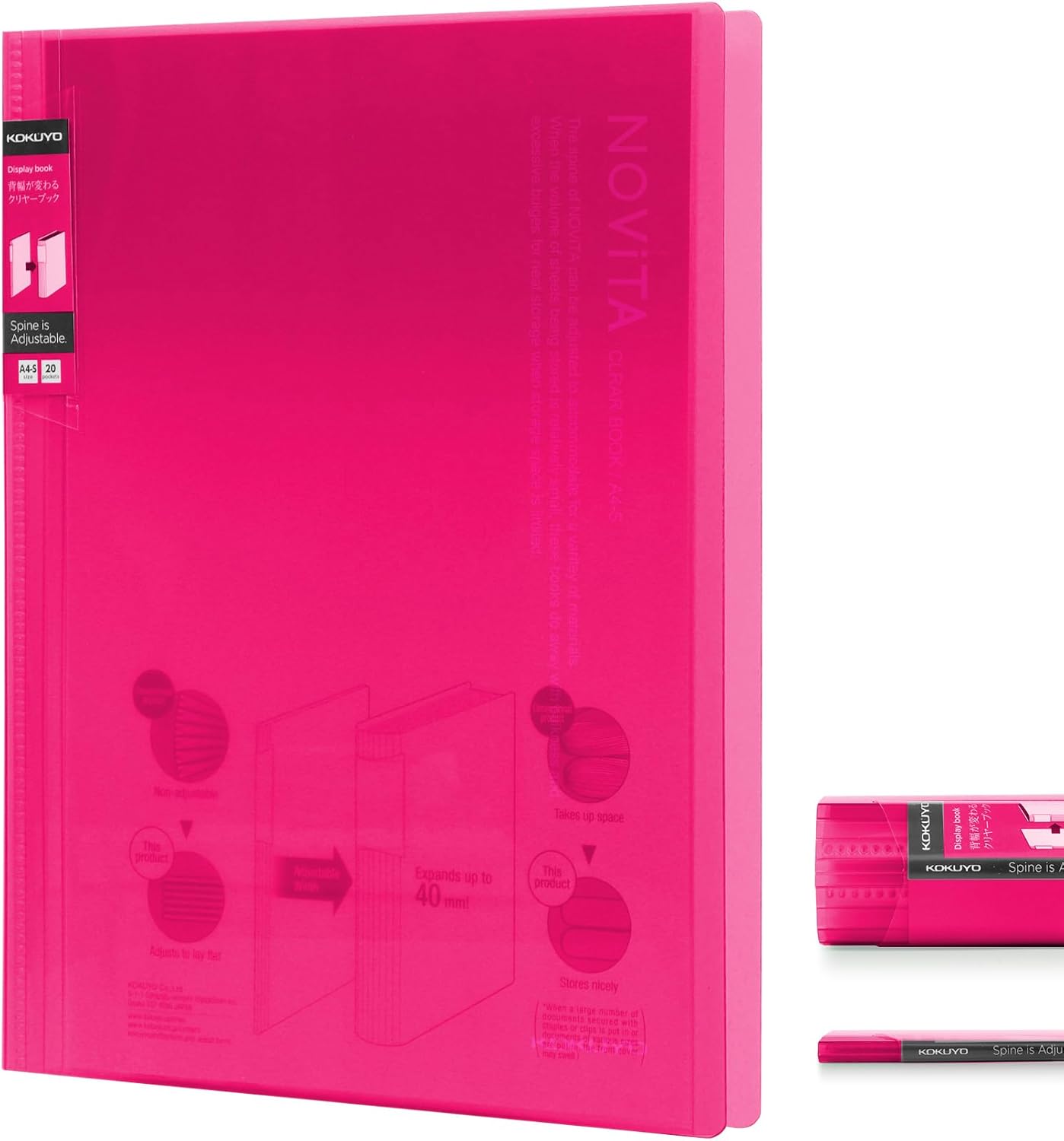 Kokuyo 20-Pocket Binder with Plastic Sleeves 8.5"x11" (Pink), A4 and US Letter Expandable Art Portfolio Folder with Clear Sheet Protectors. 40 Pages of Presentation Display Book. (RA-N20P)