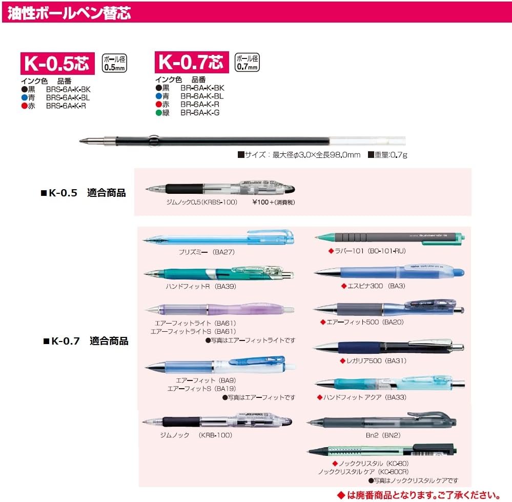 ZEBRA B-BRS-6A-K-R Oil-Based Ballpoint Pen Refill, Gym Knock, K-0.5 Lead, Red, 10 Pens