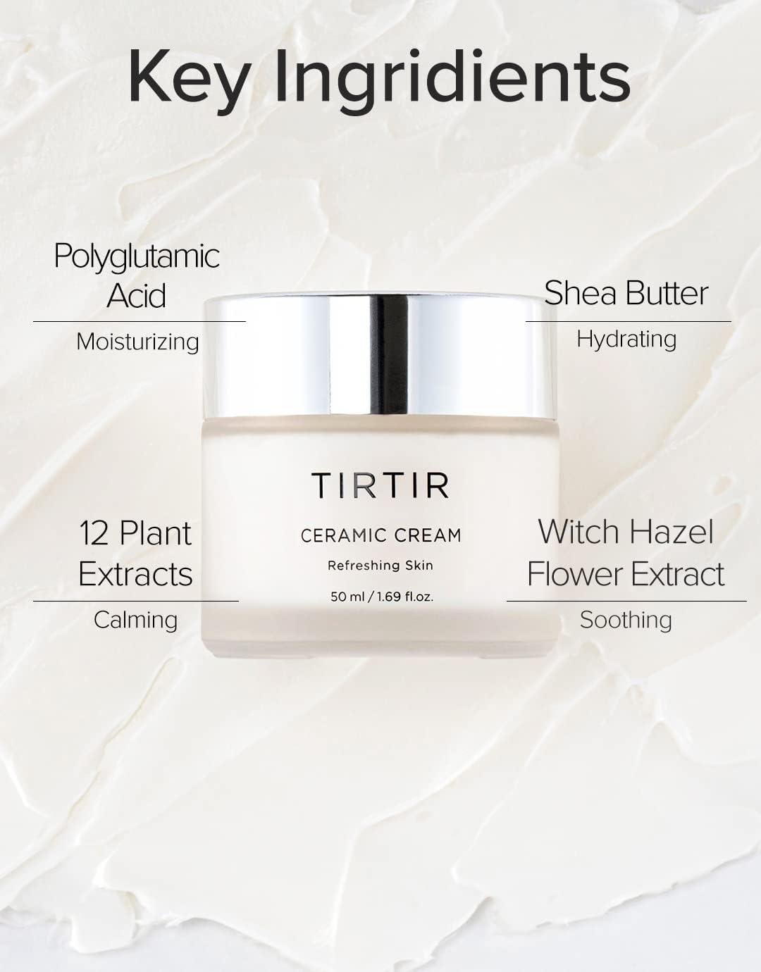 TIRTIR Natural Ceramide Cream | Deep moisturizer for Glass Skin, Polyglutamic acid, Centella Asiatica Extract, Skin barrier, Lightweight, Mild, Nature derived ingredients, Dry skin, Korean skincare