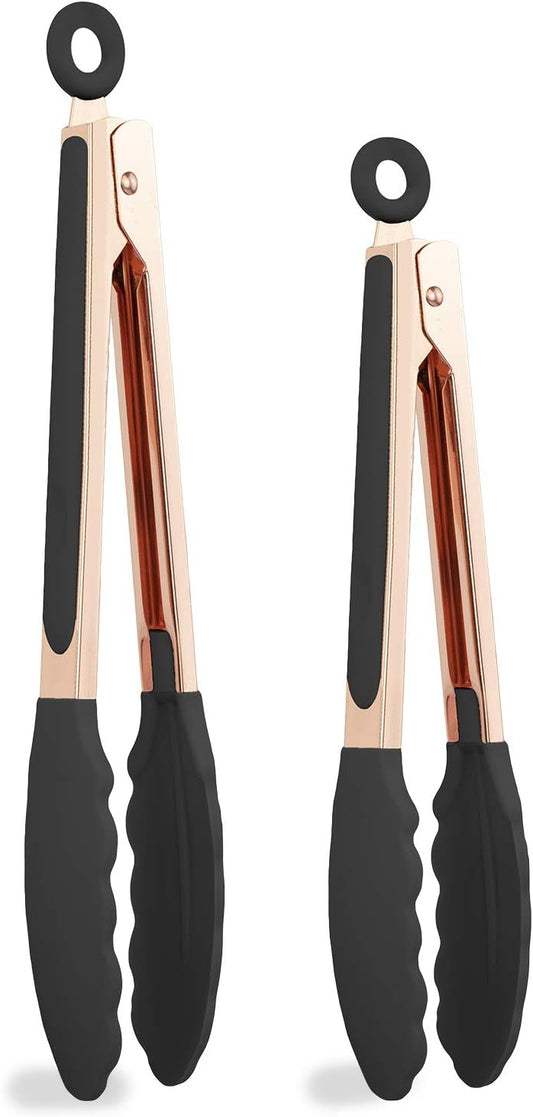 COOK WITH COLOR Stainless Steel Silicone Tipped Kitchen & BBQ Tongs Set, 2 Pc Tongs, Black