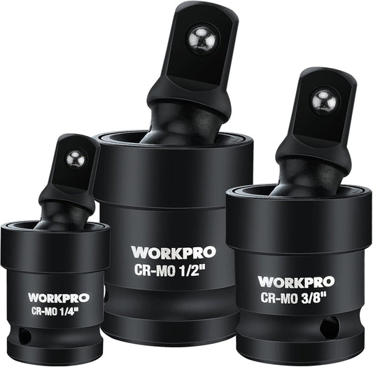 WORKPRO Impact Universal Joint Set, 3 Piece-1/2", 3/8", 1/4"Inch Drive Swivel Socket Set, Socket Adapter Set, Premium CR-MO Steel, Impact Grade, 360 Degree Rotation for Various Angles