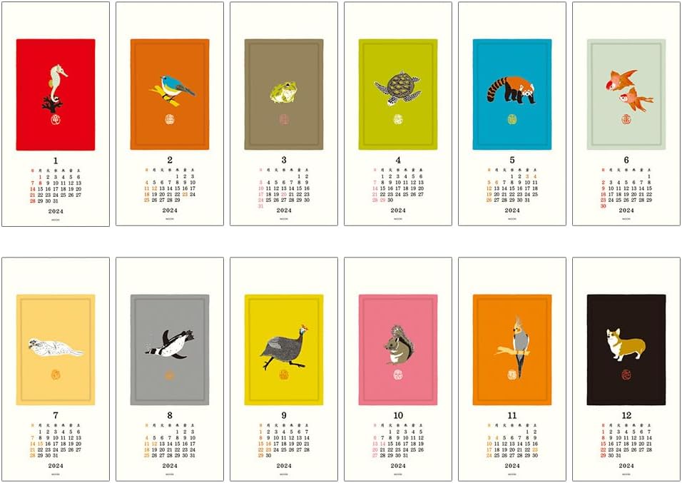 Midori 3130006 2024 Calendar, Wall Hanging, L, Echizen Washi Paper, Traditional Pattern (S (animal handle))