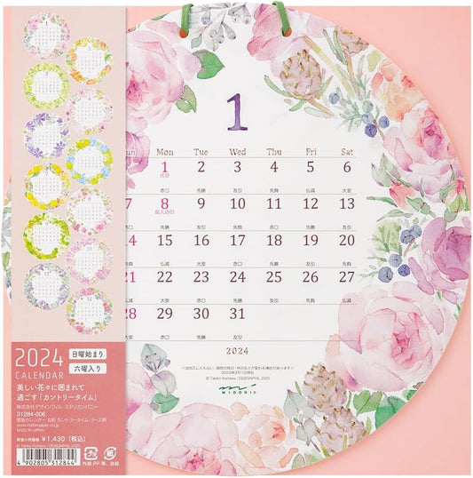 MIDORI 31284006 2024 Wall Calendar Round Country Time Wreath