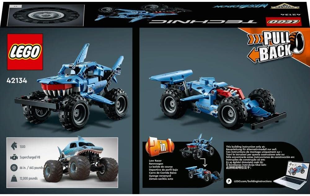 LEGO 42134 Technic Monster Jam Megalodon, 2-in-1 Pull-Back Shark Car for Lusca Low Racing Car