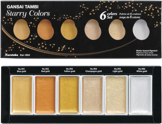 Kuretake GANSAI TAMBI STARRY COLORS, 6 colors set, Watercolor paint for Professional, for artists and crafters,Illustrations, Drawing, Lettering, Made in Japan