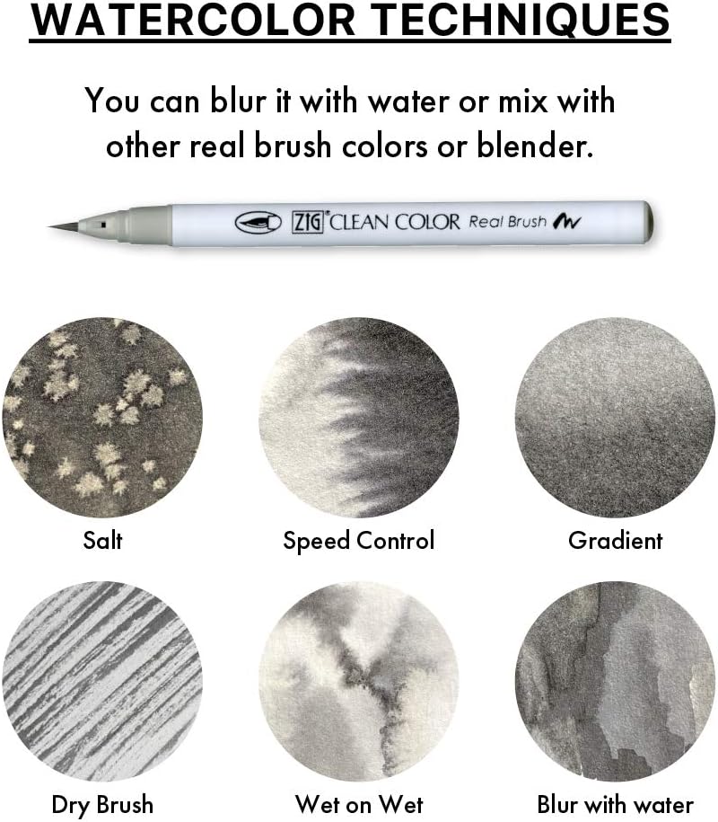 Kuretake ZIG Clean Color Real Brush Marker, Flexible Brush Tips, Watercolor Pens for Painting, Drawing, Calligraphy and Brush Lettering for Artists, Made in Japan (6 Cool Gray Colors set)