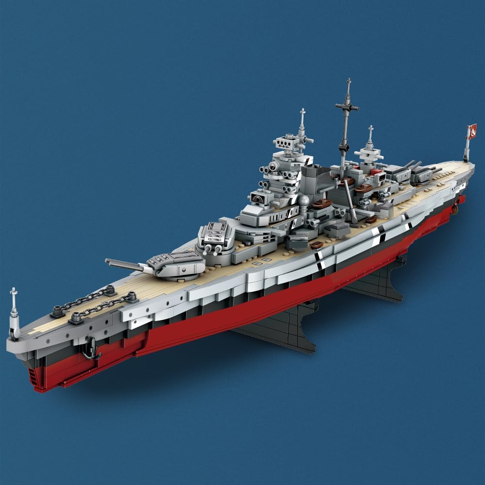 MISINI Technik FC4201 German Battleship Bismarck Clamp Blocks, 2081 PCs/MOC Large WWII German Military Warship Marine Battleship Model for Adult