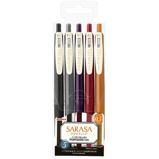 ZEBRA Sarasa Clip Gel Ink Ballpoint Pen 0.5mm, Rubber Grip, Vintage Colors, 5 Colors Set 2 (JJ15-5C-VI2)