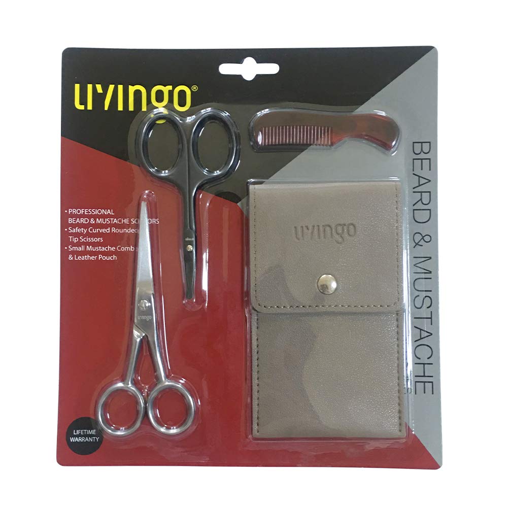 LIVINGO 4.5 inches Beard & Mustache Scissors for Men, Professional Rounded Tip Safety Sharp Stainless Steel Small Beauty Facial Nose Hair Trimming Shears Kit with Mini Comb and Leather Case