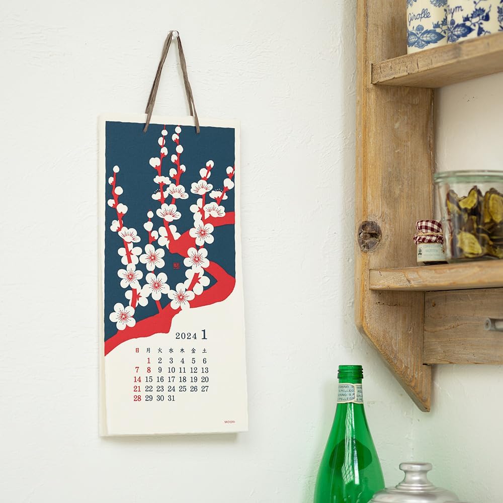 Midori 3130006 2024 Calendar, Wall Hanging, L, Echizen Washi Paper, Traditional Pattern (S (stalk))
