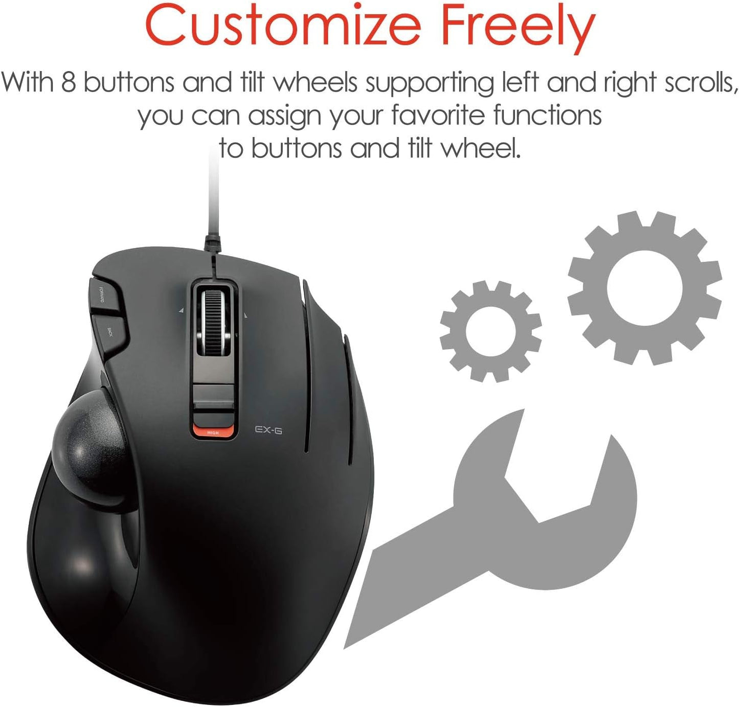 ELECOM EX-G Wired Trackball Mouse, Ergonomic, Thumb Control, Smooth Tracking Roller Ball, 6 Programmable Buttons, Tilt Scroll Computer Mice for PC Mac