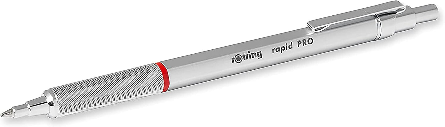 rOtring Rapid Pro Retractable Ballpoint Technical Drawing Pen, Medium Point, Blue Ink, Silver Full-Metal Body