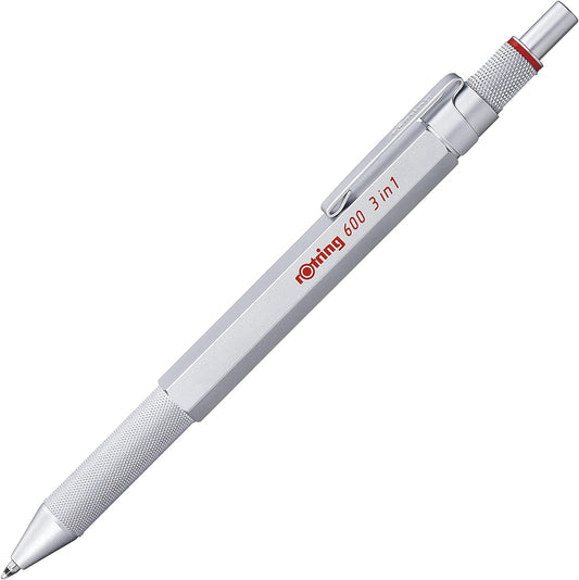 Rotring 600 3-in-1 Multicolor Pen and Mechanical Pencil, Switches Between 2 Ballpoint Pen Fine Point Tips (Black and Red Ink) and 1 Mechanical Pencil Tip (0.5mm Lead), Silver Barrel