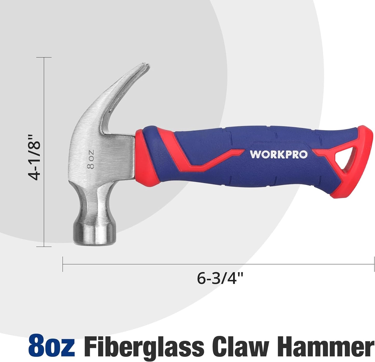 WORKPRO 8 oz Claw Hammer with Fiberglass Handle, All Purpose Hammer with Forged Hardened Steel Head, Smooth Face & Shock Reduction Grip