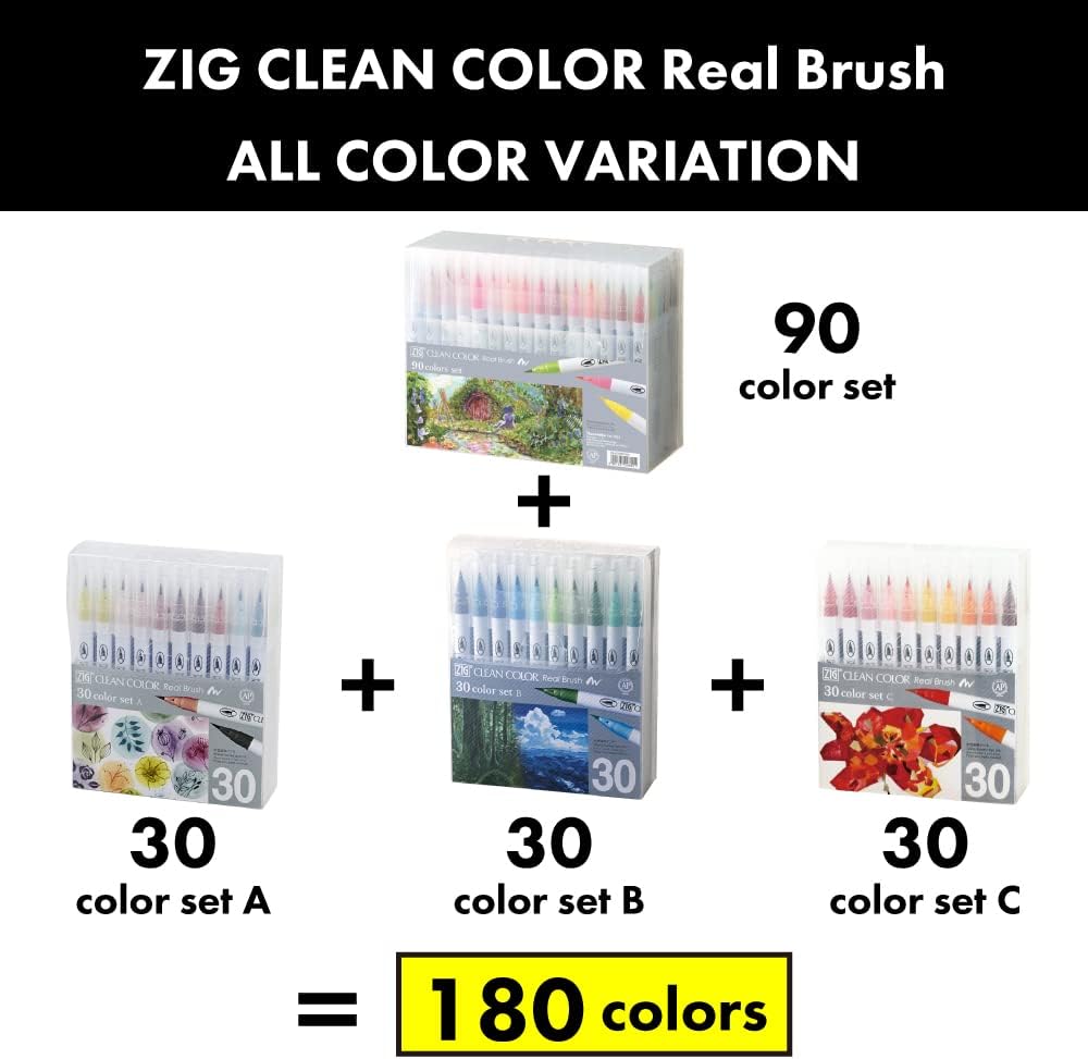 Kuretake ZIG Clean Color Real Brush, 30 colors set C, Flexible Brush Tips, Watercolor Pens for Painting, Drawing, Calligraphy and Brush Lettering for Artists, Made in Japan
