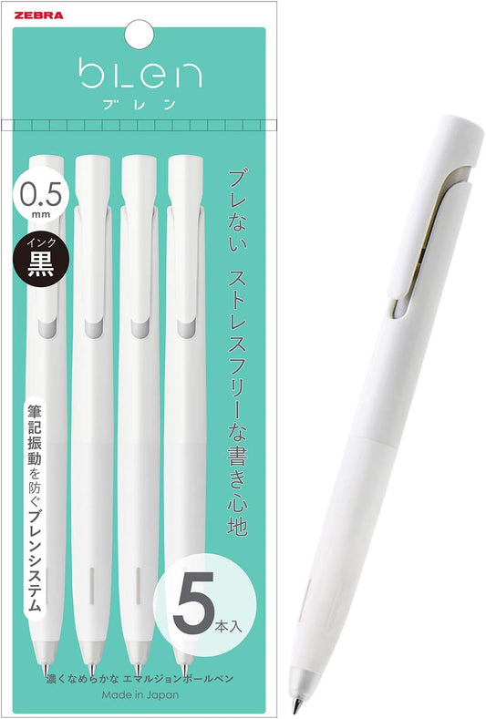 ZEBRA P-BAS88-W5 Oil-Based Ballpoint Pen, Blen, 0.02 inches (0.5 mm), White Shaft, Black Ink, Set of 5