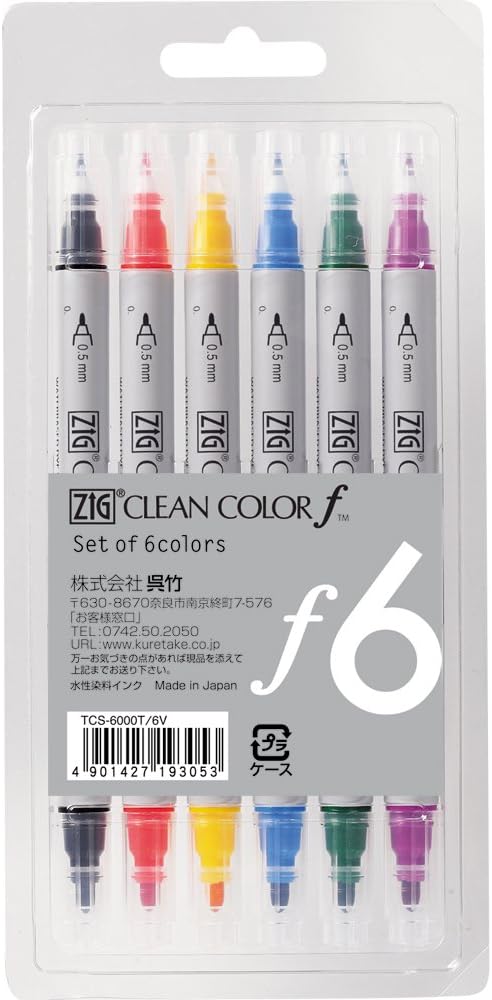 Kuretake Zig Twin Tip Marker Clean Color F, 6 Color Set (TCS-6000T/6V)