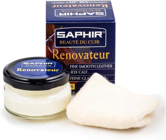 Saphir Renovator Cream, a 50ml conditioner for leather products that cleanses and moisturizes