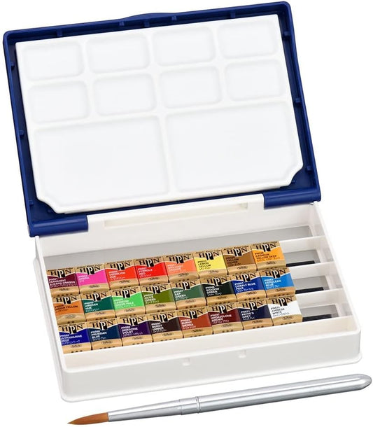 Holbein Artist's Watercolors Set of 24 Half-Pans with Brush (Palm Box Plus) PN697