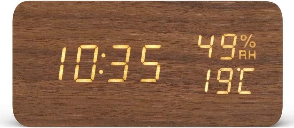Iris Ohyama ICW-01WH-T Alarm Clock, Digital Brightness Adjustment, Temperature and Humidity Display, Table Clock, Power Saving Mode, Wood Grain Design, Multi-Functional Type, Brown