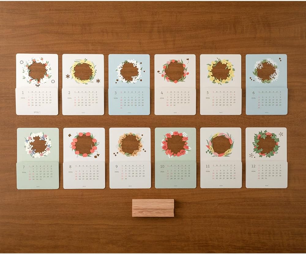 MIDORI 31280006 2024 Desktop Calendar Excluding the Seasons Limited Edition with Stickers, Floral Print