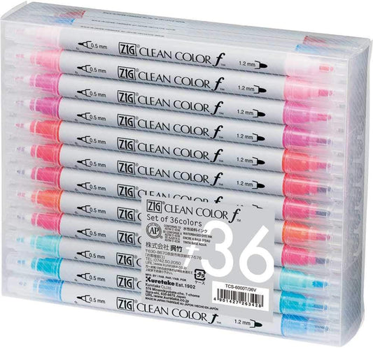 Kuretake ZIG CLEAN COLOR f 36 colors set, 0.5 mm & 1.2 mm, AP-Certified, Odourless, Xylene Free, Suitable for dark paper, Perfect for illustrating, sketching, designing and cartooning. Made in Japan