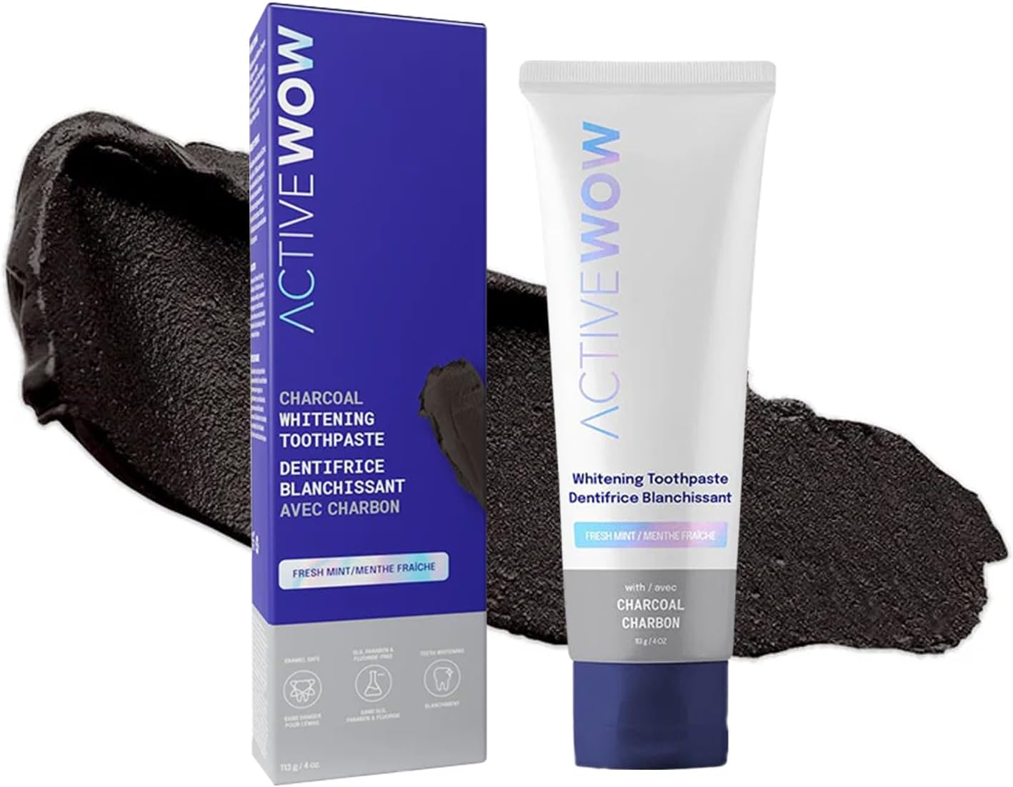 Active Wow Activated Charcoal Toothpaste - Charcoal Toothpaste for Whitening, Charcoal Teeth Whitening, Made with Organic Coconut Oil & Xylitol, Charcoal Activated Toothpaste (4 Ounce (Pack of 1))