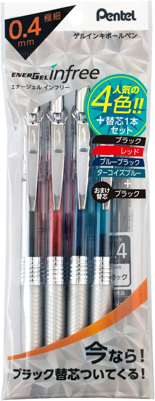 Pentel XBLN74TL-4STA EnerGel Ink Ballpoint Pen, 4 Colors + 1 Refill, 0.02 inches (0.4 mm), Black, Red, Blue, Black, Turquoise Blue