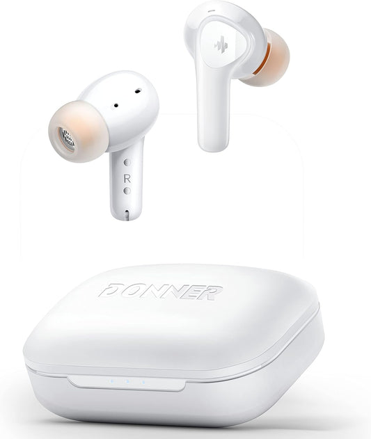 Donner Wireless Earbuds Noise Cancelling, Bluetooth 5.2 Earphones with 5 x EarTips, 4 Mic Clear Calls, 12mm Drivers, App for Custom EQ, 32H Playtime, Fast Charging, Transparency - Dobuds ONE,White