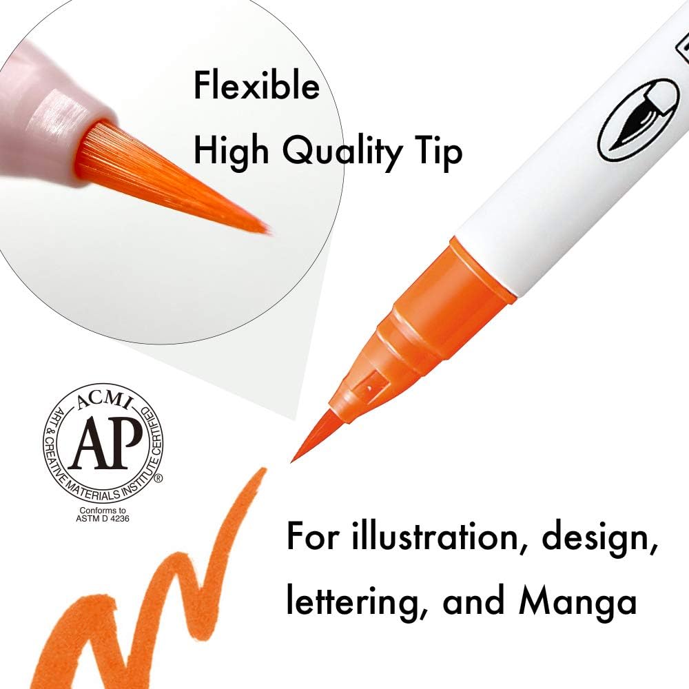 Kuretake ZIG CLEAN COLOR Real Brush 12 Colors set, AP-Certified, Flexible Brush Tip, Professional quality, Odourless, Xylene Free, Easy to create narrow and wide lines, Made in Japan