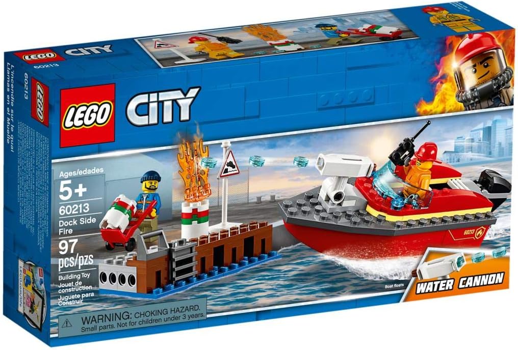 City Fire Dock Side Fire Boat Playset, Firefighter Minifigure & Acessories, Bath Toys for Kids