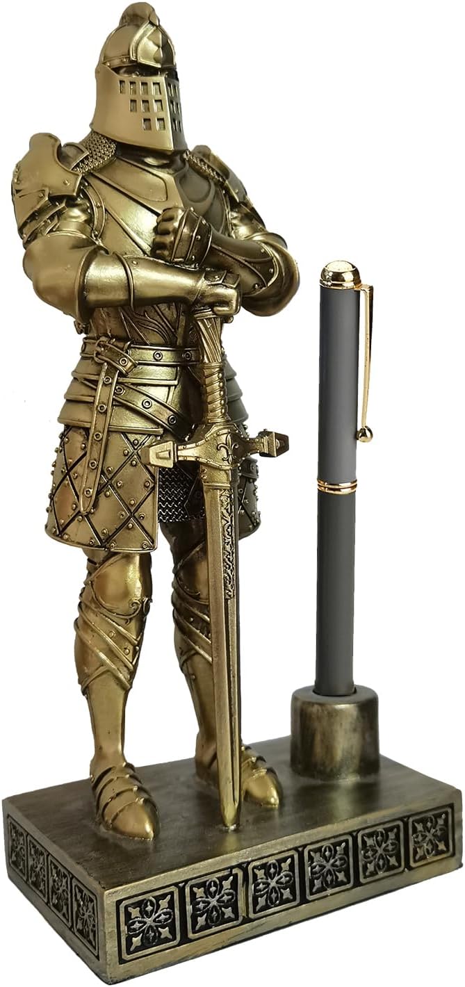 HDMbigmi King's Guard Knight Pen Stand Statue Office Pen Stand Desk Organizer for Men Top Collection as Gift 9.45 Inches (Bronze)