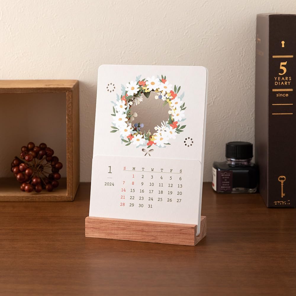 MIDORI 31280006 2024 Desktop Calendar Excluding the Seasons Limited Edition with Stickers, Floral Print
